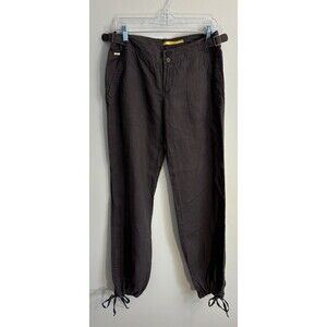 LOLE 100% Linen Straight Leg Pants 8 Tie Ankle Dark Taupe Casual Lounge Pockets